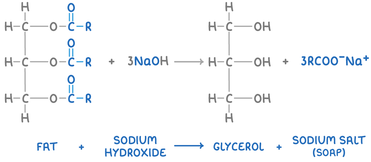 <p>making soap - reacting a lipid w/ a strong base forms salts of the fatty acids</p>