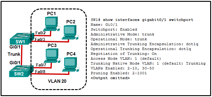 <p><br><strong>Refer to the exhibit. All workstations are configured correctly in VLAN 20. Workstations that are connected to switch SW1 are not able to send traffic to workstations on SW2. What could be done to remedy the problem?</strong><br></p><ul><li><p><span style="font-size: inherit; font-family: inherit">Allow VLAN 20 on the trunk link.</span></p></li><li><p>Enable DTP on both ends of the trunk.</p></li><li><p>Configure all workstations on SW1 to be part of the default VLAN.</p></li><li><p>Configure all workstations on SW2 to be part of the native VLAN.</p></li></ul><p></p>