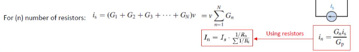 <ul><li><p>current is divided in a parallel circuit</p></li><li><p>current is separated at a node</p></li><li><p>the formula is simpler with G (conductance) instead of R → recall that G = 1/R</p></li><li><p></p></li></ul><p></p>
