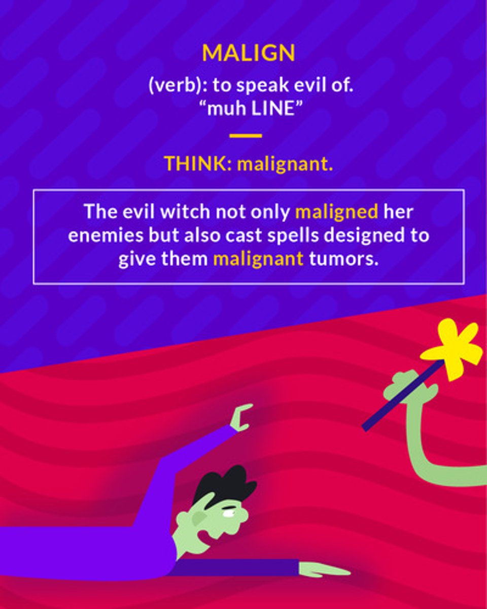 <p>(v.) to speak evil of, slander; (adj.) evil</p>