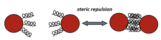 <p>A repulsive barrier by adsorbing a long chain polymer or other large macromolecules onto the surface.</p><p>e.g. polymer chains</p><ul><li><p>nonionic polymers like PEG work well:</p><ul><li><p>not sensitive to surface chare and salt conc</p></li><li><p>works well in non aqueous media</p></li><li><p>works in concentrated dispersions</p></li></ul></li></ul><p></p>