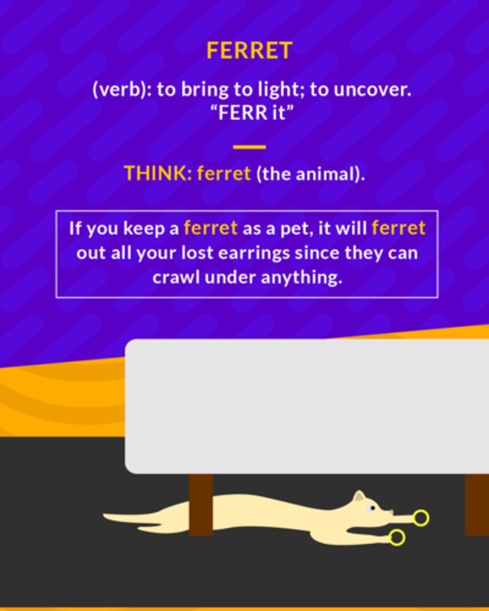 <p>v. to search or drive out</p><p>(verb) to bring to light, to uncover</p>