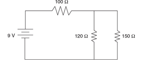 <p>A 100 Ω, 120 Ω, and 150 Ω resistor are connected to a 9-V battery in the circuit shown above. Which of the three resistors dissipates the most power?</p><p>(A) the 100 Ω resistor</p><p>(B) the 120 Ω resistor</p><p>(C) the 150 Ω resistor</p><p>(D) both the 120 Ω and 150 Ω</p>