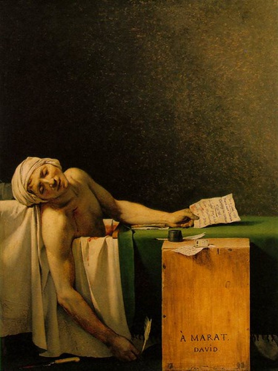 <p>Jacques-Louis David, 1793</p><p>-Jean Paul Marat was a physician, scientist, and radical journalist who suffered from a skin ailment (paraigo) and commonly was in a medicine bath</p><p>-Charlotte Corday, a supporter of the arisocracy, stabs him</p>