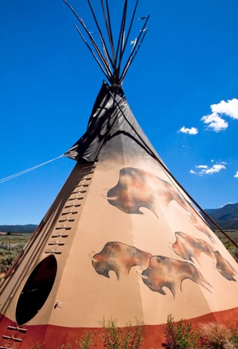 <p>a portable Indian home made of stretched hides placed over wooden poles</p>