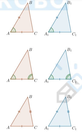<ol><li><p>По двум сторонам и углу между ними </p></li><li><p>По стороне и двум прилежащим к ней углам </p></li></ol><ol start="3"><li><p>По трем сторонам </p></li></ol>
