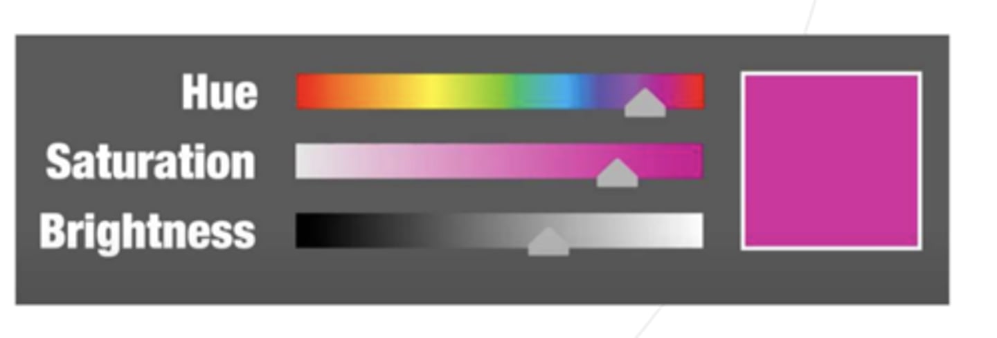 <p>Hue: color determined by wavelength </p><p>Saturation (purity): determined by the # of wavelengths in the perceived light. </p><p>Intensity (brightness): determined by the intensity of the electromagnetic radiation.</p>