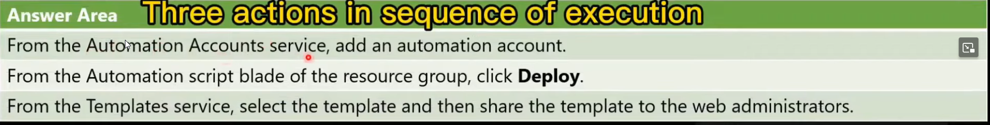 <p>In sequence:</p><p>From the Automation Accounts service, add an automation account.</p><p> From the Automation script blade of the resource group, click <strong>Deploy</strong>. </p><p>From the Templates service, select the template and then share the template to the web administrators.</p>