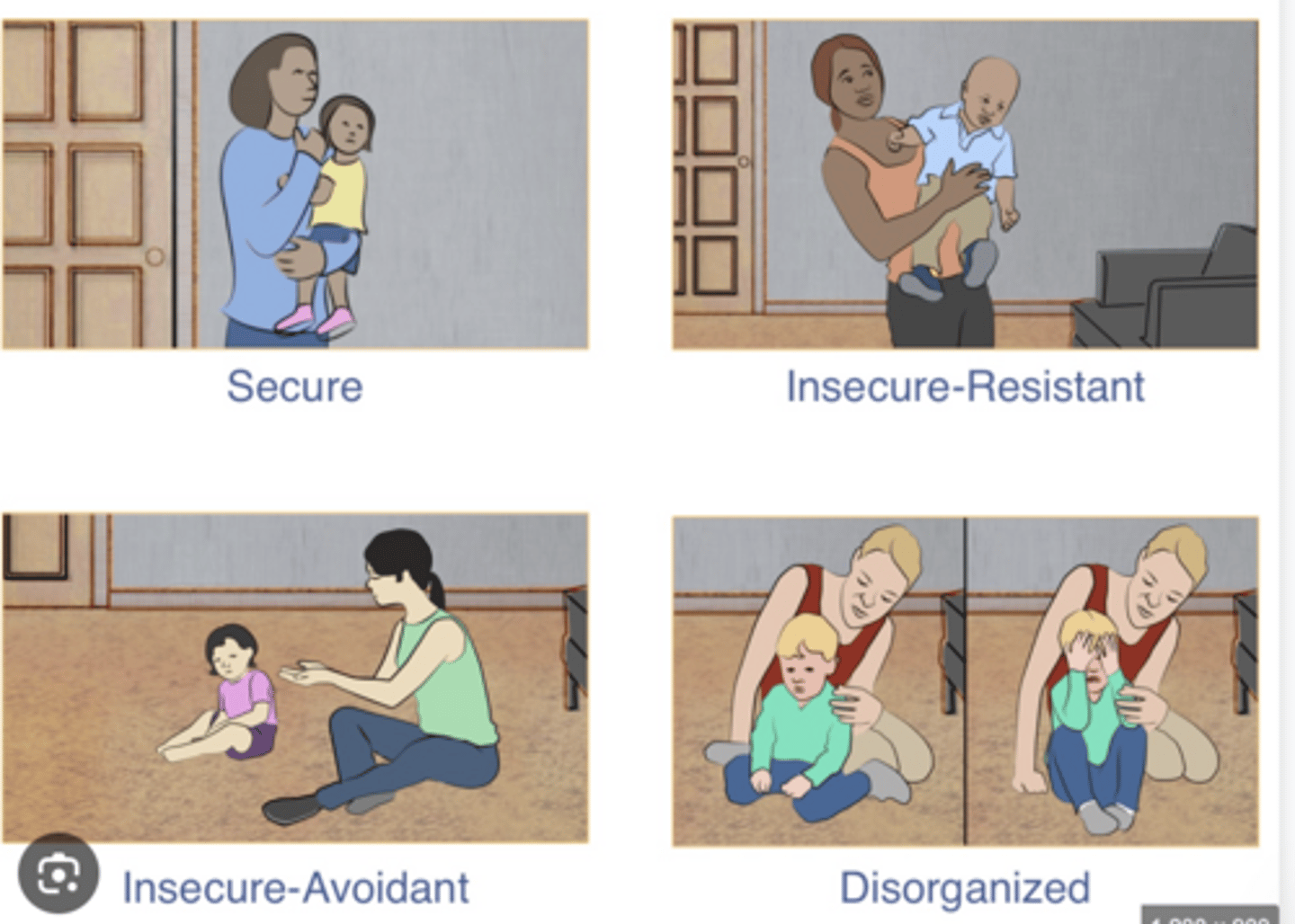 <p>Place the infant in a “strange” place; activate separation distress by having the caregiver leave the room:</p><p>1. Secure (B):</p><p>- Parental sensitivity</p><p>2. Insecure (A&amp;C):</p><p>- Parental insensitivity</p><p>1. Rejection of physical closeness, emotionally unavailable → avoidant (A babies / insecure-avoidant)</p><p>2. Inconsistent sensitivity ⇢ ambivalent/resistant (C babies / insecure-resistant)</p><p>3. Disorganized (D):</p><p>- Caregiver source of threat/fear</p><p>- Infant cannot maintain a coherent strategy → breakdown or lack of strategy → bizarre, contradictory behaviors (approach-withdrawal).</p><p>- Freezing, dazed, signs of fear, confusion, odd behaviors, rocking, head banging, etc.</p>