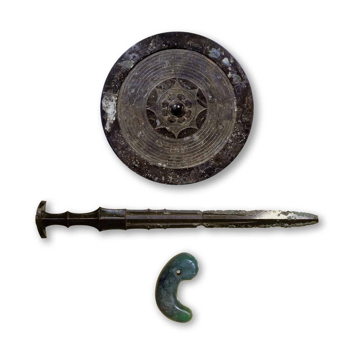 <p>sword</p><p>• curved jewel (or seal)</p><p>• mirror</p><p>― symbols of the divine authority of the emperor</p>