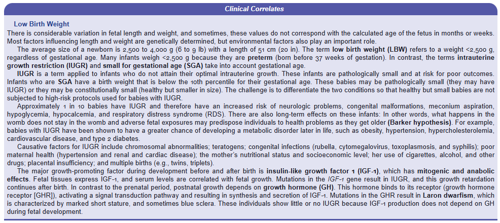 <p>Low Birth Weight</p><p>There is considerable variation in fetal length and weight, and sometimes, these values do not correspond with the calculated age of the fetus in months or weeks. Most factors influencing length and weight are genetically determined, but environmental factors also play an important role.</p><p>The average size of a newborn is 2,500 to 4,000 g (6 to 9 lb) with a length of 51 cm (20 in). The term low birth weight (LBW) refers to a weight <2,500 g, regardless of gestational age. Many infants weigh <2,500 g because they are preterm (born before 37 weeks of gestation). In contrast, the terms intrauterine growth restriction (IUGR) and small for gestational age (SGA) take into account gestational age.</p><p>IUGR is a term applied to infants who do not attain their optimal intrauterine growth. These infants are pathologically small and at risk for poor outcomes. Infants who are SGA have a birth weight that is below the 10th percentile for their gestational age. These babies may be pathologically small (they may have IUGR) or they may be constitutionally small (healthy but smaller in size). The challenge is to differentiate the two conditions so that healthy but small babies are not subjected to high-risk protocols used for babies with IUGR.</p><p>Approximately 1 in 10 babies have IUGR and therefore have an increased risk of neurologic problems, congenital malformations, meconium aspiration, hypoglycemia, hypocalcemia, and respiratory distress syndrome (RDS). There are also long-term effects on these infants: In other words, what happens in the womb does not stay in the womb and adverse fetal exposures may predispose individuals to health problems as they get older (Barker hypothesis). For example, babies with IUGR have been shown to have a greater chance of developing a metabolic disorder later in life, such as obesity, hypertension, hypercholesterolemia, cardiovascular disease, and type 2 diabetes.</p><p>Causative factors for IUGR include chromosomal abnormalities; teratogens; congenital infections (rubella, cytomegalovirus, toxoplasmosis, and syphilis); poor maternal health (hypertension and renal and cardiac disease); the mother’s nutritional status and socioeconomic level; her use of cigarettes, alcohol, and other drugs; placental insufficiency; and multiple births (e.g., twins, triplets).</p><p>The major growth-promoting factor during development before and after birth is insulin-like growth factor 1 (IGF-1), which has mitogenic and anabolic effects. Fetal tissues express IGF-1, and serum levels are correlated with fetal growth. Mutations in the IGF-1 gene result in IUGR, and this growth retardation continues after birth. In contrast to the prenatal period, postnatal growth depends on growth hormone (GH). This hormone binds to its receptor (growth hormone receptor [GHR]), activating a signal transduction pathway and resulting in synthesis and secretion of IGF-1. Mutations in the GHR result in Laron dwarfism, which is characterized by marked short stature, and sometimes blue sclera. These individuals show little or no IUGR because IGF-1 production does not depend on GH during fetal development.</p>