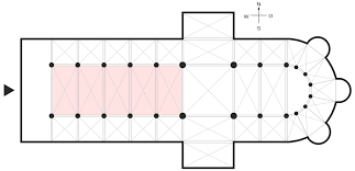 <p>The central part of a church, extending from the main entrance or rear wall to the transepts or chancel</p>