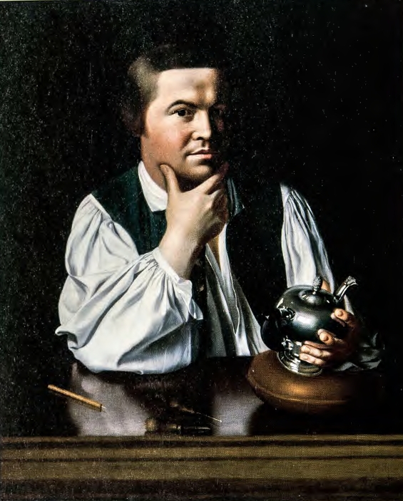 <p><strong>Description</strong>: </p><ul><li><p>Copley paints Revere as an intelligent typical person, a silversmith, who holds one of his creations: a teapot</p></li><li><p>The tools he uses to engrave lay on the table, reflecting his labor</p></li><li><p>The teapot was significant during this time period as it was made out of silver (high value) coming from Mexico</p></li><li><p>Copley’s art style focused on realism, show with the shine of the silver pot, the wrinkle of Paul’s shirt, and the wooden textures of the table</p></li></ul><p>(Late Colonial/Revolutionary Era)</p>
