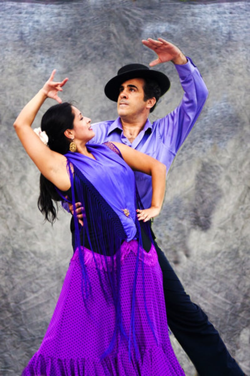 <p>The Spanish gypsy music and dance with the women wearing colorful, ruffled</p><p>dresses, clicking castanets with their fingers, and accompanied by clapping and</p><p>flamenco guitar.</p>