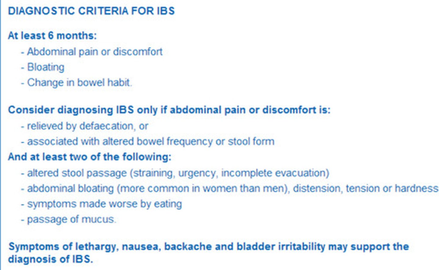 <p>-good for patients to keep a trigger diary to understand why they are getting IBS</p>