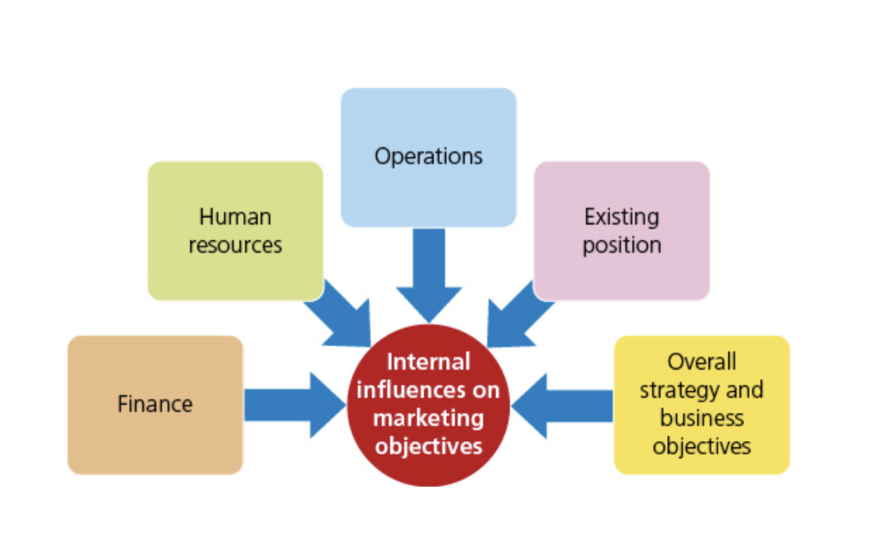 <p><strong>Internal influences</strong> on marketing objectives and decisions</p>