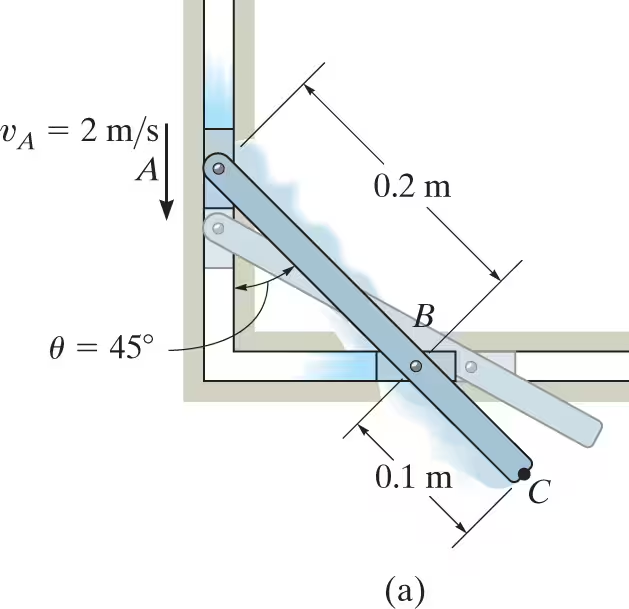 <p>The link shown in Fig. 16–14<em>a</em> is guided by two blocks at <em>A</em> and <em>B</em>, which move in the fixed slots. If the velocity of <em>A</em> is <span> 2 m/s</span> downward, determine the velocity of <em>B</em> at the instant <span>θ=45°</span>.</p>