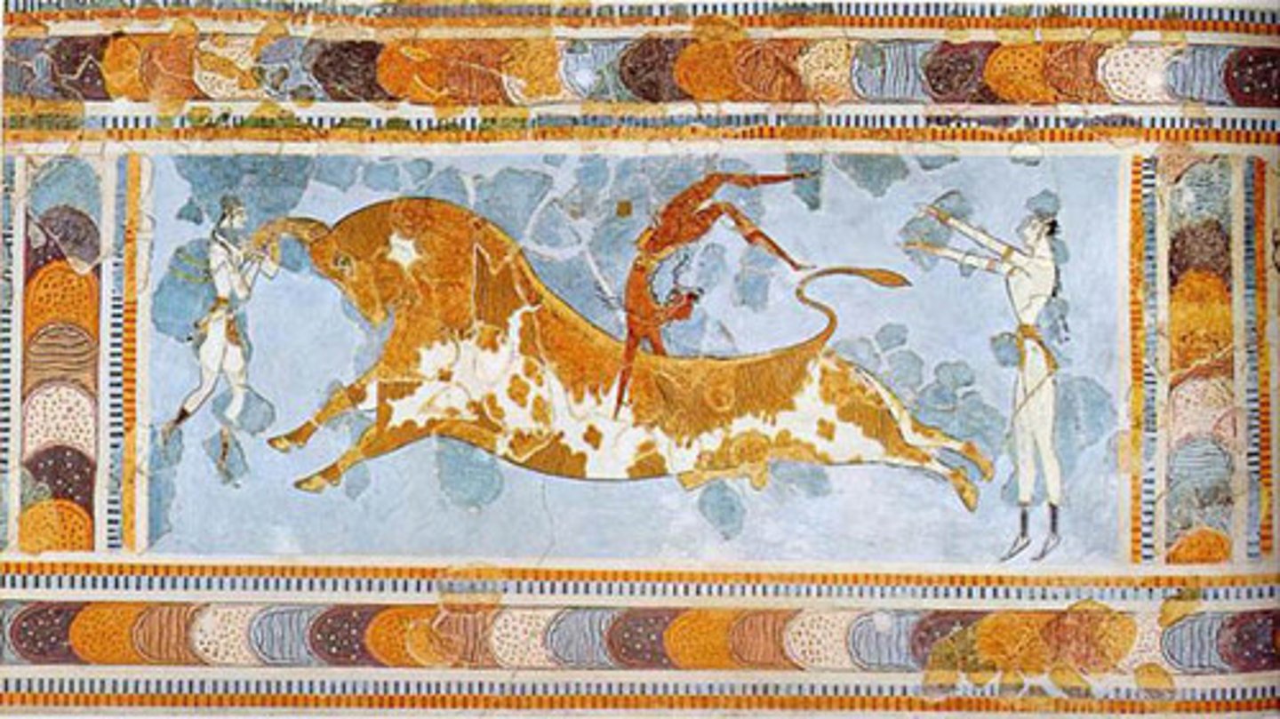 <p>Who:</p><p>The artist is unknown, but it's attributed to the Minoan civilization1.</p><p>What:</p><p>This is a fresco that shows a bull-leaping scene21. The fresco depicts a large bull and three human figures. Two of the human figures have white skin, while the third human figure has a reddish-brown skin3.</p><p>Original Findspot:</p><p>The fresco was found in the Palace of Knossos on Crete214.</p><p>When:</p><p>The fresco dates to around 1500 BC3.</p><p>Why it's interesting and important:</p><p>The Bull-Leaping Fresco is the most completely restored of several stucco panels originally sited on the upper-story portion of the east wall of the palace at Knossos1. It's an iconic symbol of the Minoan civilization and provides valuable insights into their culture, particularly their sports and religious practices21.</p><p>The different skin colors in Minoan frescoes, such as the Bull-Leaping Fresco, are due to a set of rules in Minoan art. Women are always depicted with white skin and men with reddish tan skin1. This convention is more than just an artistic choice; these colors have symbolic significance1. The reddish-brown skin tone of the men is thought to indicate that they spent a significant amount of time engaging in outdoor activities such as hunting, fishing, and athletics2. So, the color differentiation provides interesting information about the gender roles and societal norms of the Minoan civilization</p>