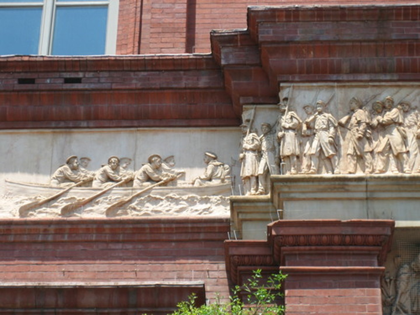 <p>a broad horizontal band of sculpted or painted decoration (adorns the entablature)</p>