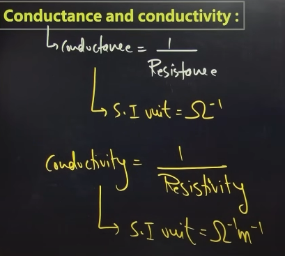 <p>Conductance- inverse of resistance </p><p>conductivity- inverse of resistivity  </p><p></p>