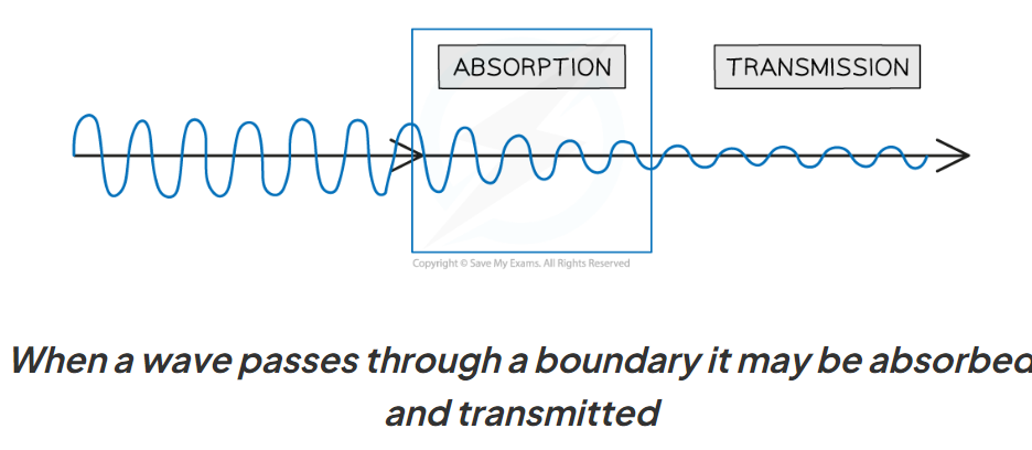 <ul><li><p>partially absorbed (usually)</p></li><li><p>amplitude may decrease (e.g. sound waves quieter through a wall)</p></li></ul>