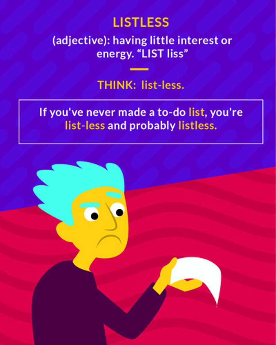 <p>(adj.) lacking energy and enthusiasm</p>