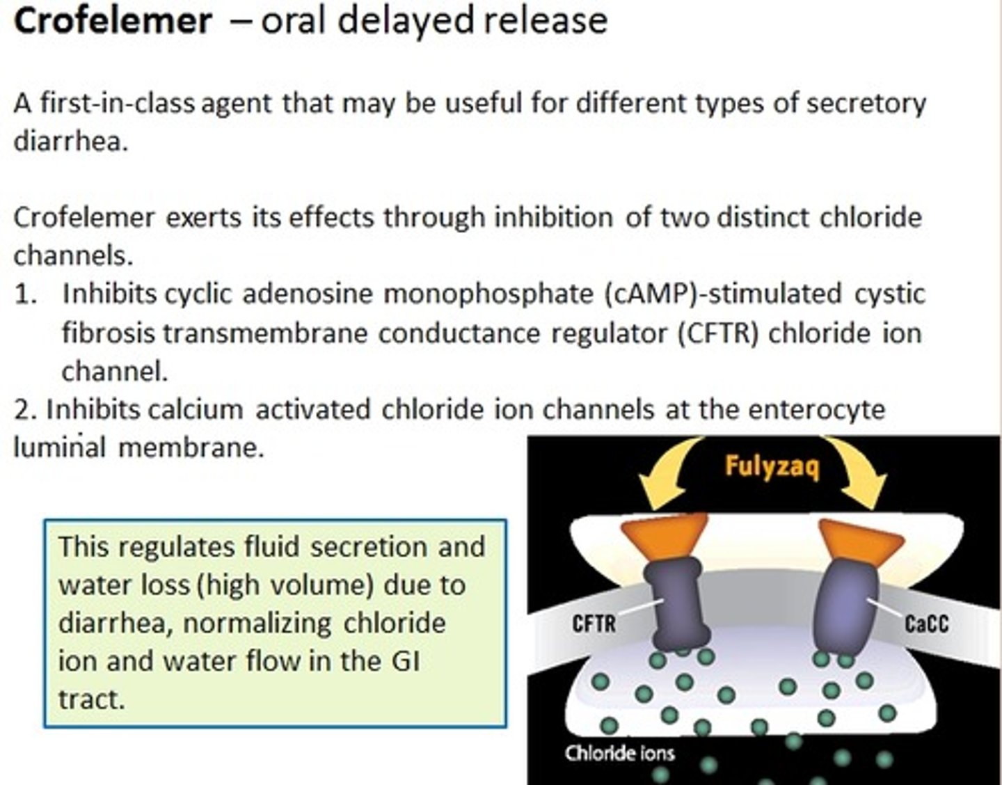 <p>Mytesi</p><p>relief of non-infectious diarrhea in adults with HIV/AIDS on antiretroviral tx</p><p>moa: blocks chloride channels from pushing Cl into GI therefore reducing water movement</p><p>DELAYED RELEASE DO NOT CRUSH</p>