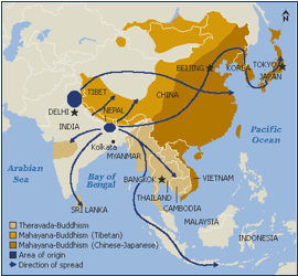 <p>Universalizing</p><p>Hearth - Northern India/Nepal</p><p>Contagious - Buddha and missionaries traveled throughout Asia and spread Buddhism, Buddhist traders</p><p>Hierarchical - Emperor Ashoka of South Asia, converted to Buddhism and spread it through his empire</p>