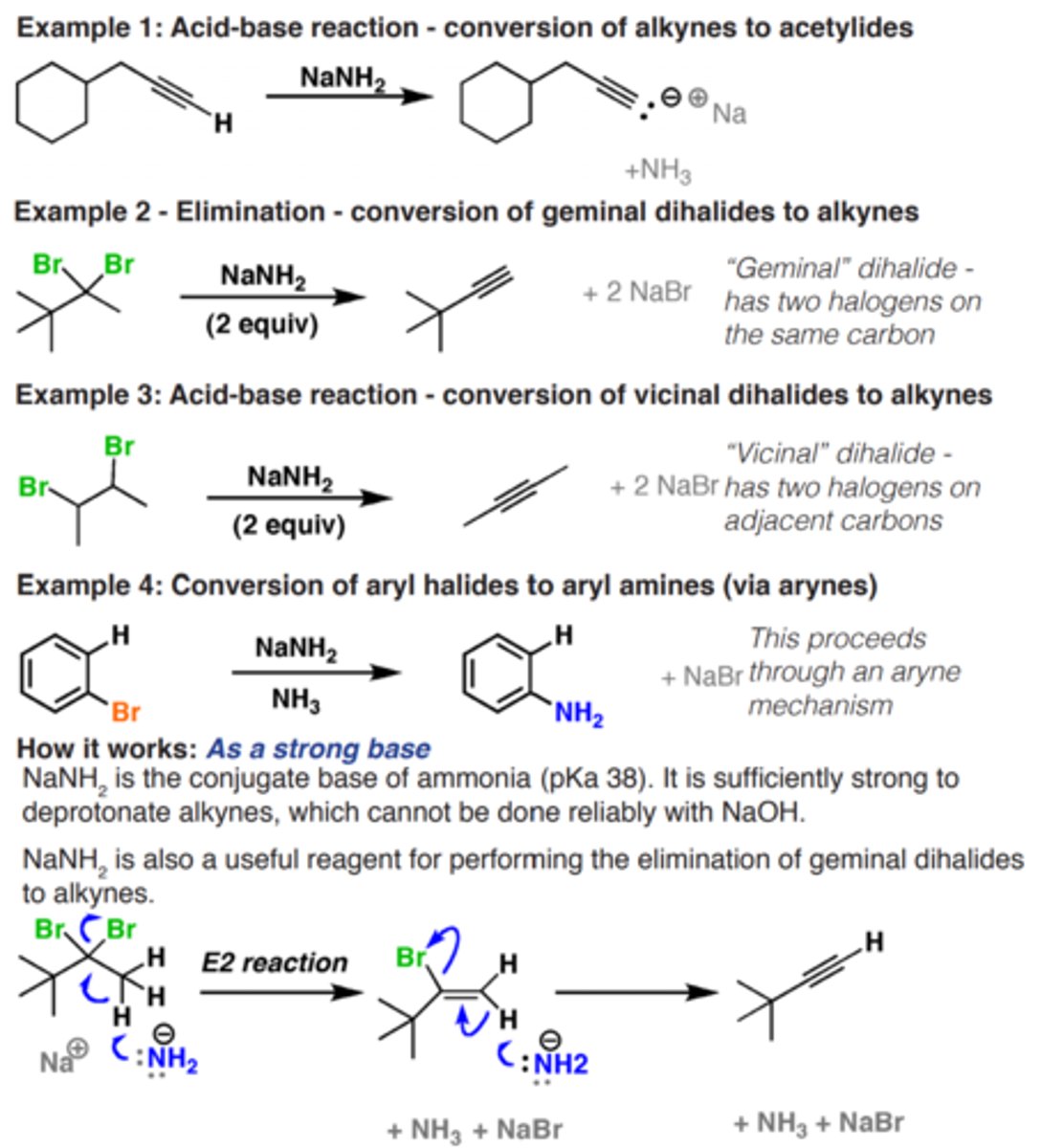 <p>- Very strong base</p><p>- useful for the deprotonation of alkynes to make acetylides and also in elimination reactions toward the formation of alkynes from dihalides.</p><p>- It can also be used to generate arynes (benzynes) which can undergo nucleophilic attack.</p>