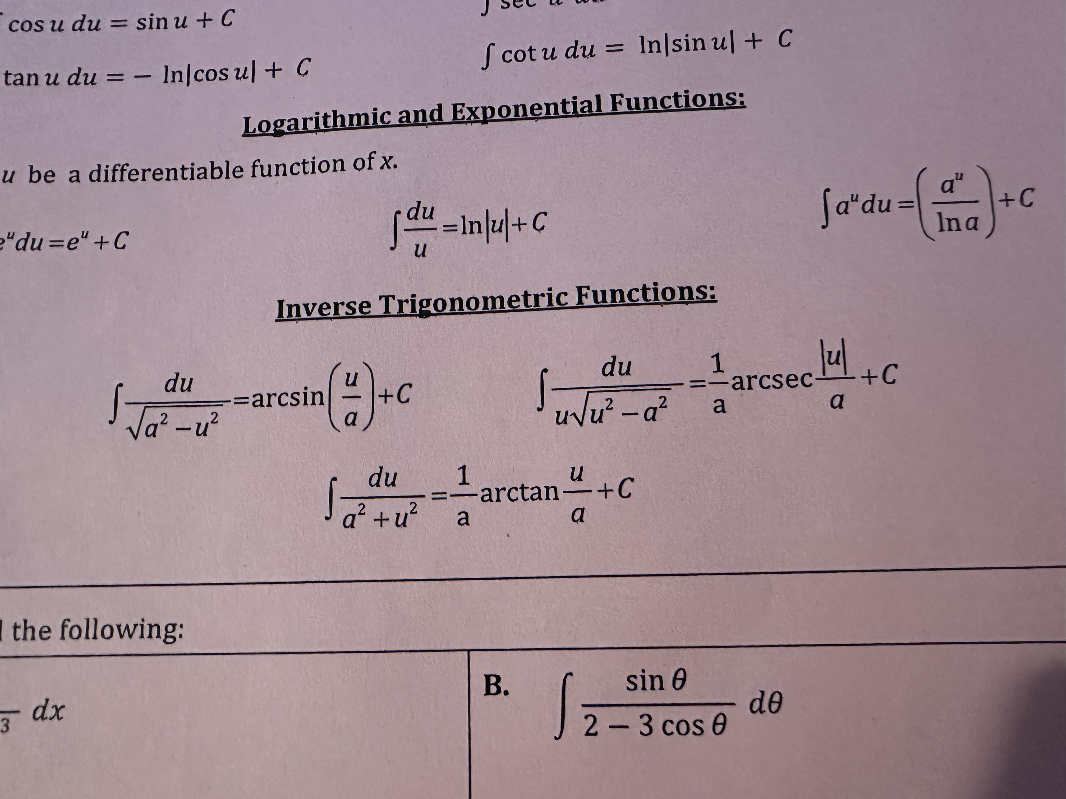 <p>integral du/ square root (a² - u²)</p>