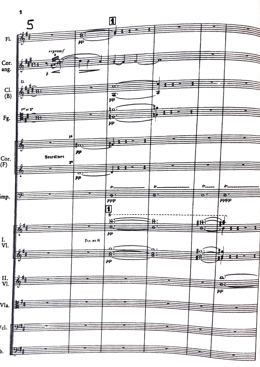 5-10 cor anglais melody and harmony is pure B octatonic G7 in first inversion (B drone in bass) is main sonority cor anglais melody is in 4/4 against the prevailing 6/4
