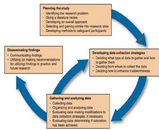 <ol><li><p>Planning the Study</p></li><li><p>Developing Data Collection Strategies</p></li><li><p>Gathering and Analyzing Data</p></li><li><p>Disseminating Findings</p></li></ol><p></p>