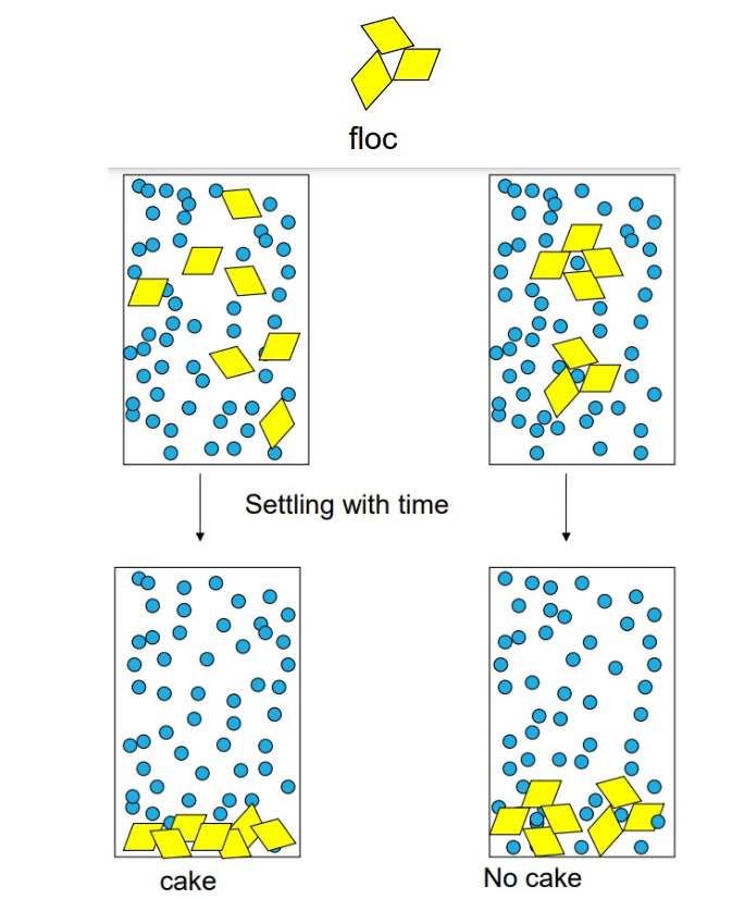 <p>-Form flocs of the solid particles in a controlled manner – this is called controlled flocculation. There is a faster sedimentation rate when there are flocs as floc is larger; each floc behaves like one unit so Greater sediment volume. <strong>No cake as liquid entrapped among particles, therefore Suspension is easy to redisperse</strong></p>