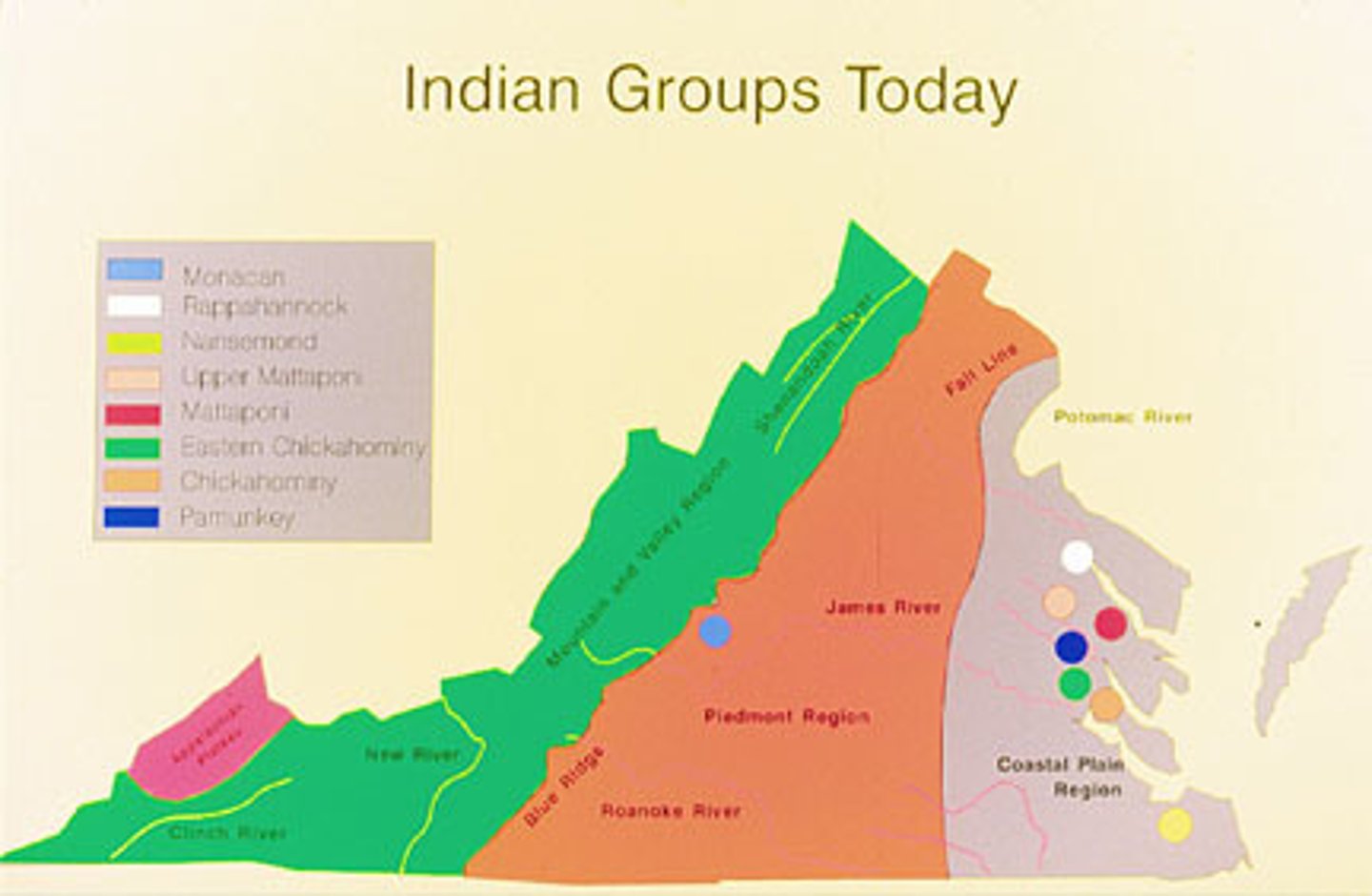 <p>The current number of recognized Indian tribes in Virginia. [Mattaponi, Pamunkey, Chickahominey, Eastern Chickahominey, Rappahannock, Upper Mattaponi, Nansemond, Monacan Indian Nation, Cheroenhaka (Nottoway), Nottoway of Virginia, Patawomeck]</p>