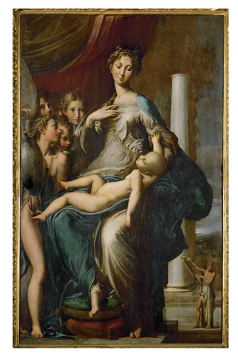 <p>The artist of the Madonna and Child shown achieved an effect of elegance and grace primarily through the</p><p>A</p><p>arrangement of the cluster of angels on the left side of the painting</p><p>B</p><p>elongated bodily proportions and the gesture of the Madonna’s head and neck</p><p>C</p><p>alternation of light and dark colors across the middle and bottom of the painting</p><p>D</p><p>lines created by gazes, from the front angel, to the Madonna, to the infant Christ</p>