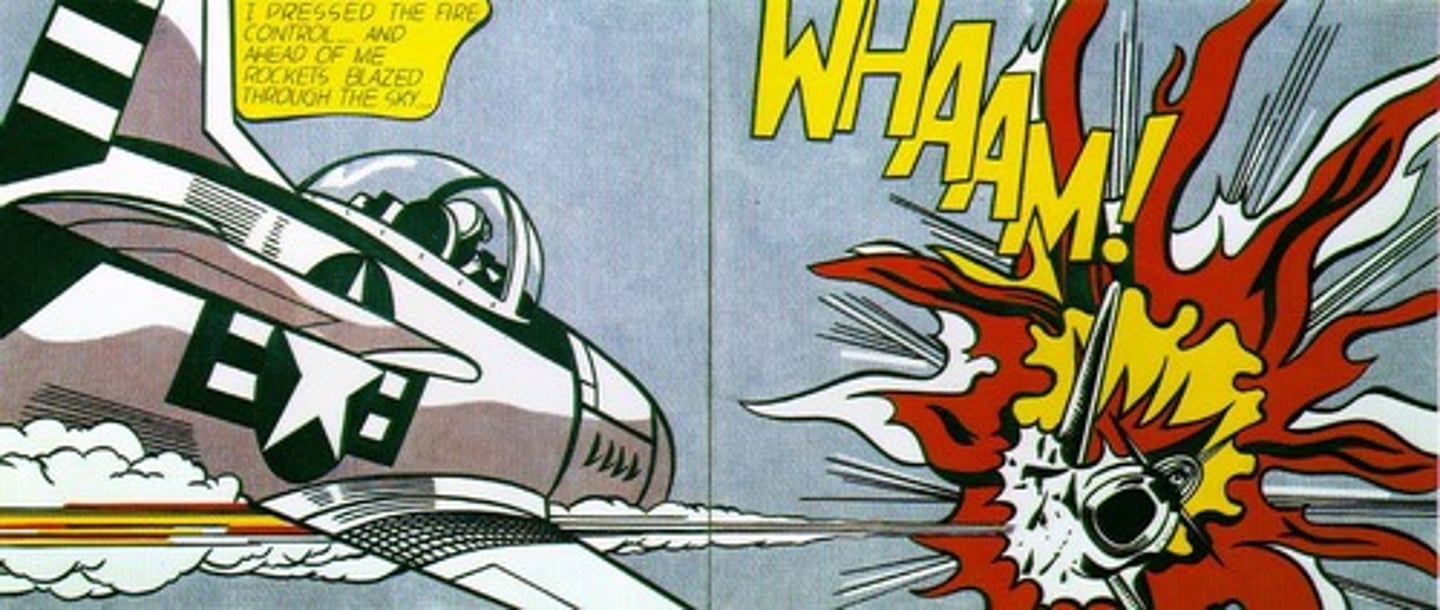 <p>roy Lichtenstein, benday cmyk printing, dramatic scene but detached because it's comics</p>