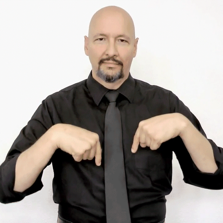 <p><span>single quick movement. point hand shape move back to point at the ground</span></p>
