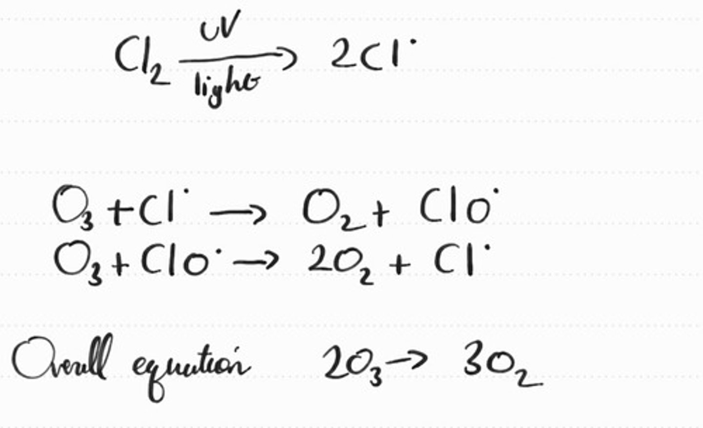 <p>Cl• + O3 → ClO• + O2</p><p>ClO• + O3 → 2O2 + Cl•</p>