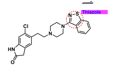 <ul><li><p>derivative: butyrophenone-like</p></li><li><p>thiazole</p><ul><li><p>enhances binding </p></li><li><p>can undergo oxidation → lower bioavailability and half-life &nbsp;</p></li></ul></li></ul><p></p>