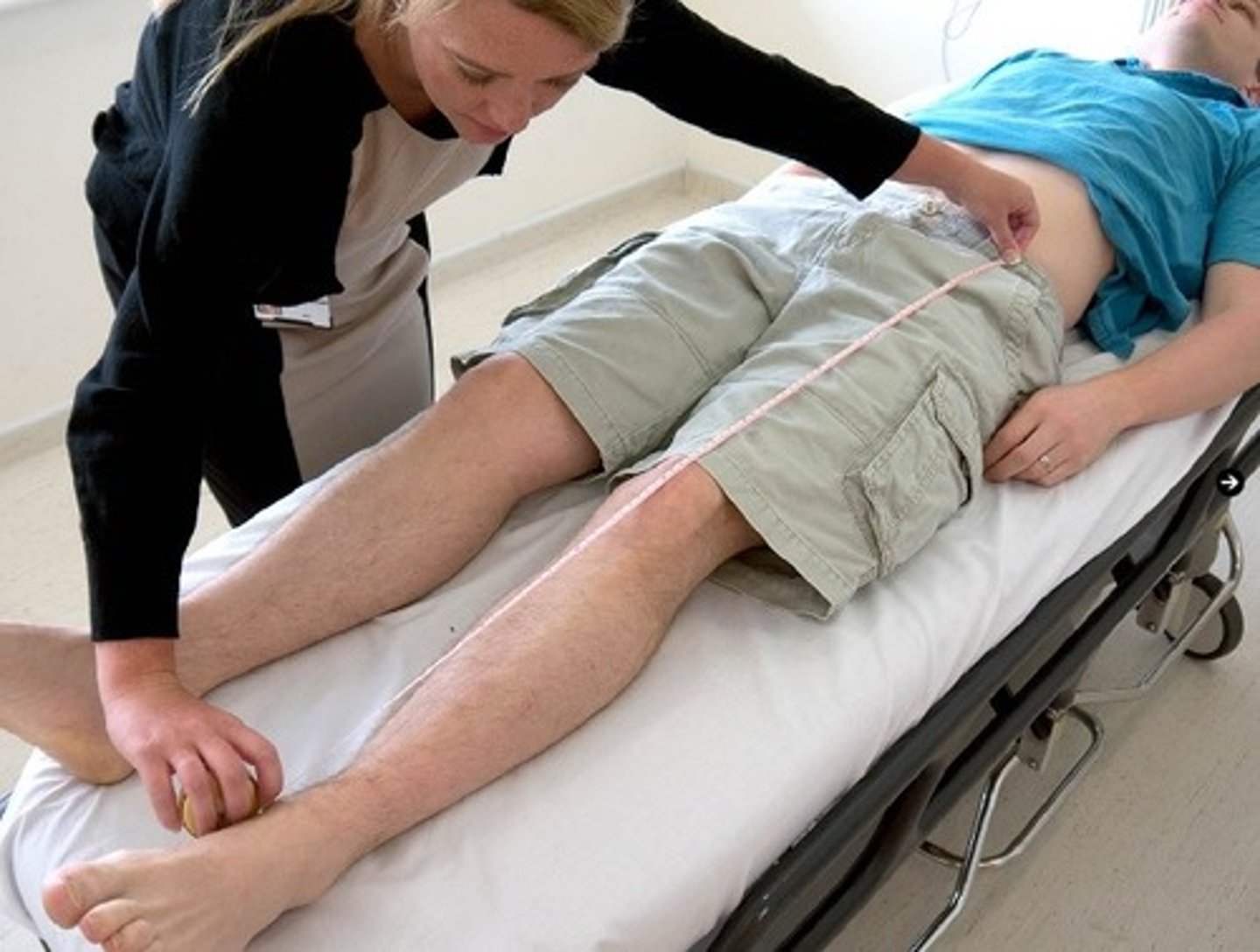 <p>from the anterior-superior iliac spine (ASIS) to the medial malleolus</p>