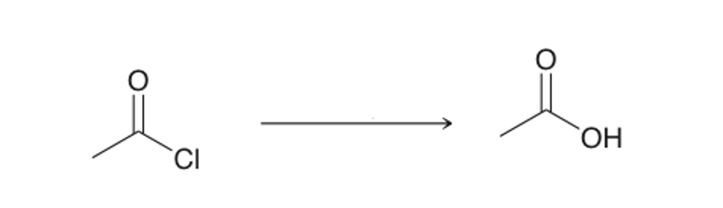 <p>acid chloride to carboxylic acid</p>