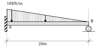<p>13. A propped beam having a span of 20m carries a triangular load which varies from 10KN/m at the fixed end to zero at the other support. Compute the maximum deflection of the beam. Hint: Calculate the reaction at the propped end first.</p><p></p><p>a) 2831/EI </p><p>b) 8231/EI </p><p>c) 3812/EI </p><p>d) 1831/EI</p>