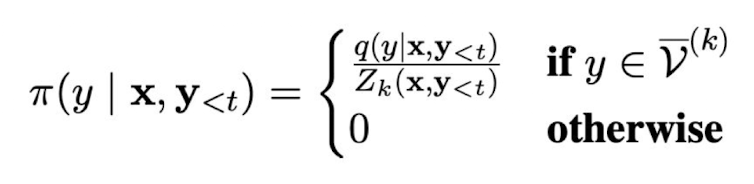 <p>Top-k sampling involves sampling from only the k words in the vocab with the highest probability: v^(k)</p>