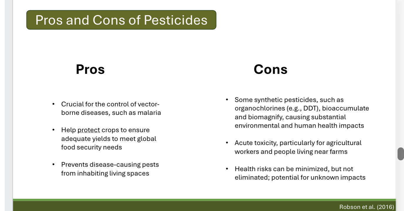<p>Pesticides: chemicals used to kill, repel, or alter the behavior of pests. Europe and the US account for about 70% of global pesticide use. </p><ul><li><p>Pros: </p><ul><li><p>crucial for the control of vector-borne diseases, such as malaria</p></li><li><p>help <u>protect</u> crops to ensure adequate yields to meet global food security needs </p></li><li><p>prevents disease-causing pests from inhabiting living spaces</p></li></ul></li><li><p>Cons:</p><ul><li><p>some synthetic pesticides, such as organochlorines (ex: DDT), bioaccumulate and biomagnify, causing substantial environmental and human health impacts </p></li><li><p>acute toxicity, particularly for agricultural workers and people living near farms</p></li><li><p>health risks can be minimized, but not eliminated; potential for unknown impacts </p></li></ul></li></ul><p></p>