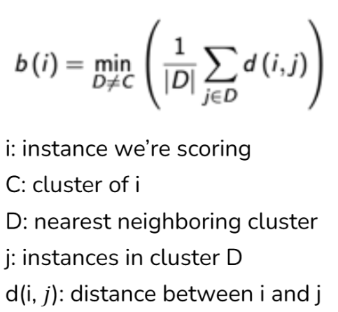 <ul><li><p><span style="background-color: transparent;">Get the average distance between an instance and instances from its nearest neighboring cluster</span></p></li><li><p><span style="background-color: transparent;">The larger, the better</span></p></li></ul><p></p>