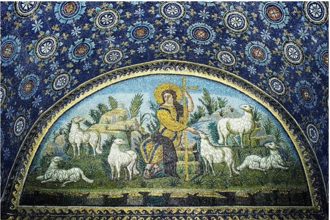 <p><span>Christ as Good Shepherd, mosaic on the interior entrance wall of the Mausoleum of Galla Placidia, Ravenna,Italy, ca. 425.</span></p>
