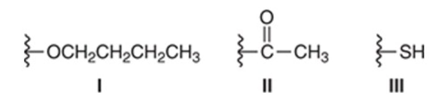 <p>Arrange the given substituents in order of increasing priority (based on Cahn-Ingold-Prelog rules), from lowest to highest priority.</p><p>III < II < I</p><p>III < I < II</p><p>II < I < III</p><p>I < II < III</p>