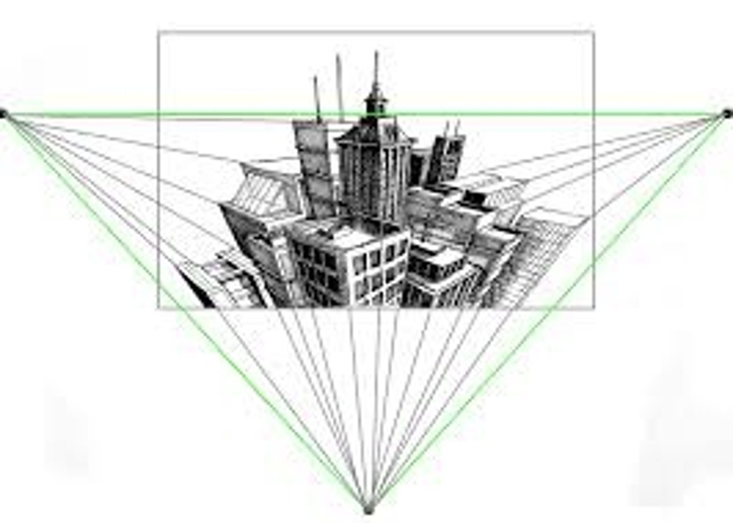 <p>two vanishing points recede toward the horizon like in two-point perspective; however, the third vanishing point is used to show the vertical recession of parallel lines that are vertical to the ground. the addition of a third vanishing point makes it possible to depict a form above (bird's eye view) AND/OR below (worm's eye view)</p>