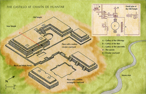 <p>153 - Chavin de Hunatan. Northern highlands, Peru. Chavin. 900-200 BCE. Stone (architectural complex); granite (Lanzon and sculpture); hammered gold alloy (jewelry).</p>