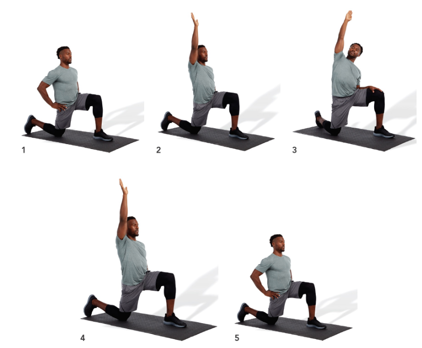 kneel with front and back legs flexed at a 90-degree angle

draw in the navel and posteriorly rotate the pelvis. Squeeze the gluteal muscles of the side being stretched

as a progression, raise the arm (on the same side as the back leg) up and over to the opposite side while maintaining pelvis position

hold side bend position and slowly rotate posteriorly as illustrated

to emphasize the TFL, externally rotate the rear leg, whereas to emphasize the psoas, internally rotate the rear leg

repeat for the desired number of repetitions